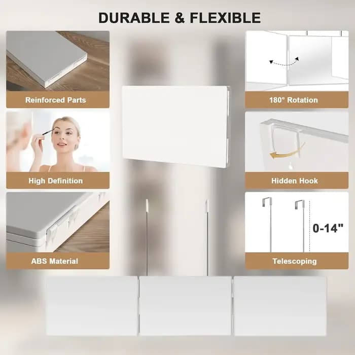 Miroir cosmétique de vanité portable à trois volets avec crochets réglables en hauteur pour un maquillage auto-coupe de cheveux pliable pour le bain et les voyages