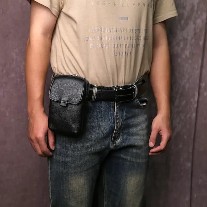 JLFGPJ Mini sac de taille de ceinture portable en cuir véritable pour hommes avec fermeture éclair décontractée