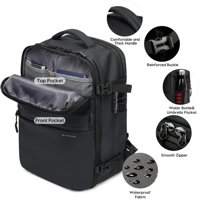 BANGE sac de cabine antivol séparation humide et sèche sac à dos de voyage pour hommes femmes bagage à main 15.6 pouces sacs à dos d'ordinateur portable pour homme