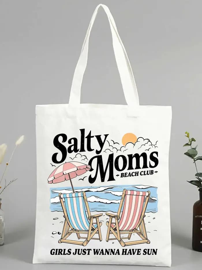 Sac fourre-tout en toile pour mamans avec motif scène de plage et slogan imprimé