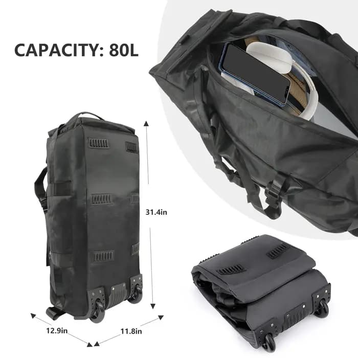 Sac de sport roulant 80L avec roulettes Sac de voyage pliable robuste de 31 pouces Bagage à roulette