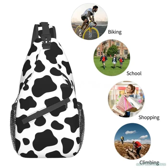 Sac à dos à bandoulière imprimé vache noir et blanc