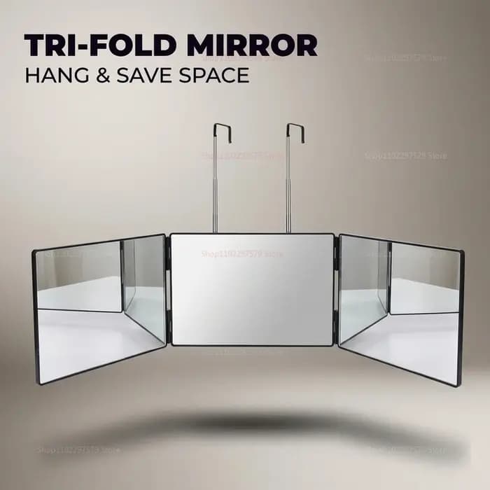 S Travel Portable 360 ° Miroir de maquillage pliable à trois volets avec crochet télescopique réglable en hauteur