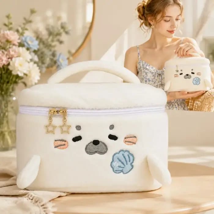 Trousse de Maquillage Grande Capacité Portable Motif Brodé en Forme de Phoque Mignon – Sac Cosmétique Multifonctionnel de Voyage