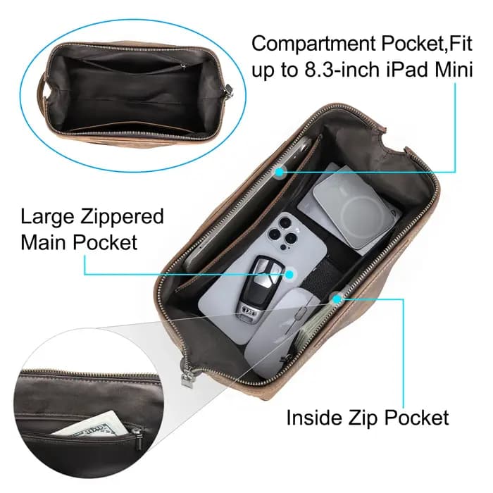 Trousse de toilette en cuir véritable pour hommes et femmes
