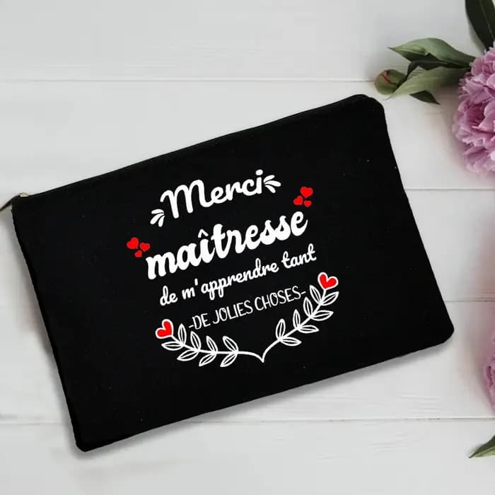 trousse de toilette voyage pochette maquillage cadeau maitresse Sac de rangement imprimé français pour enseignant, pochette de poignet noire, sac de voyage de lavage, cadeaux pour enseignant, Merci Ma