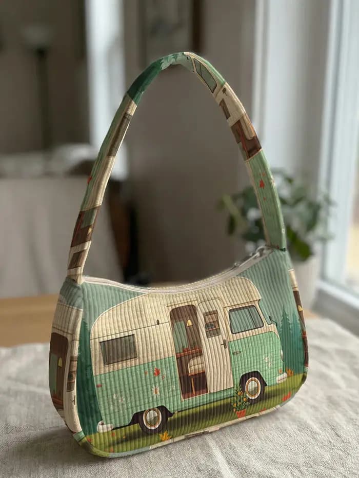 Sac à bandoulière tendance imprimé camping-car, sac sous le bras en velours côtelé pour usage quotid