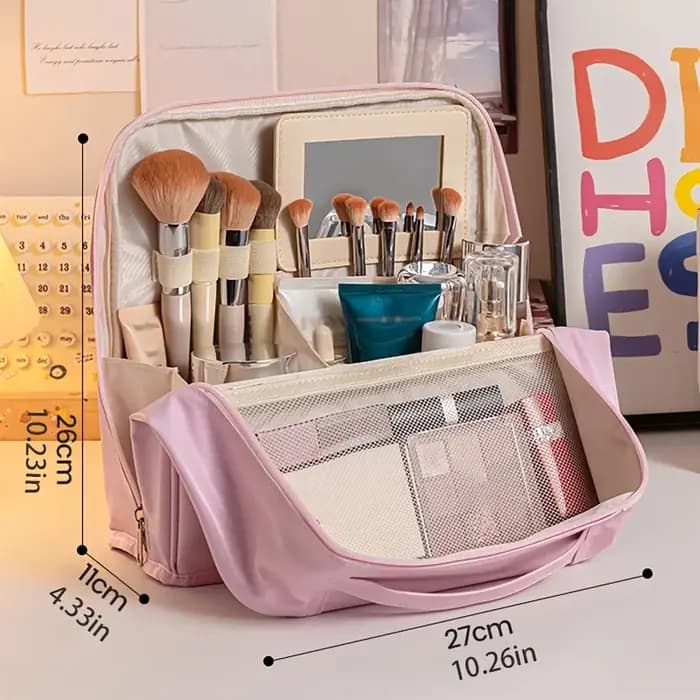 Grande Trousse de Toilette Verticale en PU Grande Capacité, Organisateur de Maquillage Portable, Pochette de Rangement pour Voyage, Maison et Quotidien, pour Cosmétiques et Articles de Toilette
