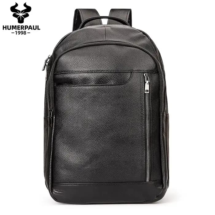 Sac à dos de voyage noir pour hommes, en cuir véritable, pour ordinateur portable, grande capacité,