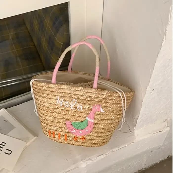 Sac de plage d'été en paille brodée grande capacité motif cocotier