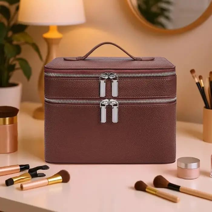 Sac cosmétique double couche en cuir PU