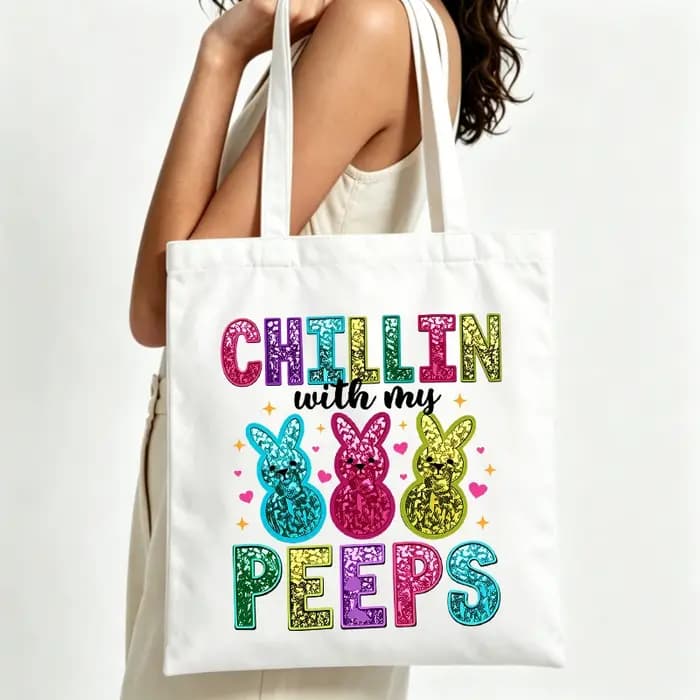 Sac fourre-tout en toile avec motif de lapin coloré et impression de lettres