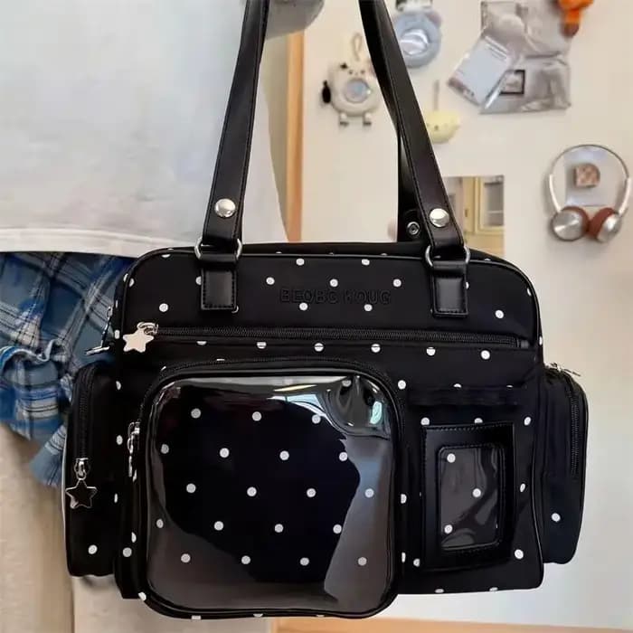 Sac à pois pour femme avec fenêtre transparente, multi-poches, porte-cartes photo Kawaii, sac à main