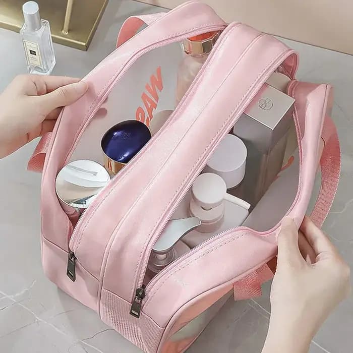 Trousse de Toilette Grande Capacité Imperméable en PU Givré Double Couche Séparation Humide/Sèche pour Voyage