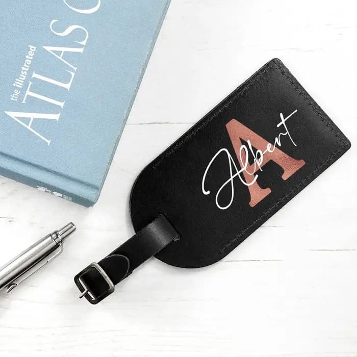 Étiquette de bagage personnalisable en alphabet doré avec nom