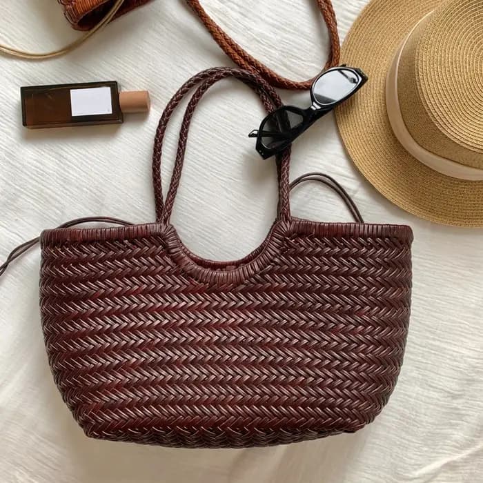 Sac fourre-tout vintage en cuir véritable tissé à la main