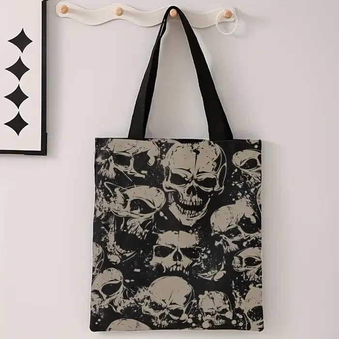 Sac fourre-tout imprimé crâne – Sac à main réutilisable en polyester durable, sac de courses avec mo