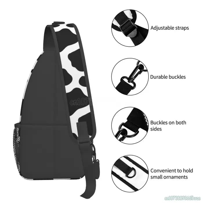 Sac à dos à bandoulière imprimé vache noir et blanc