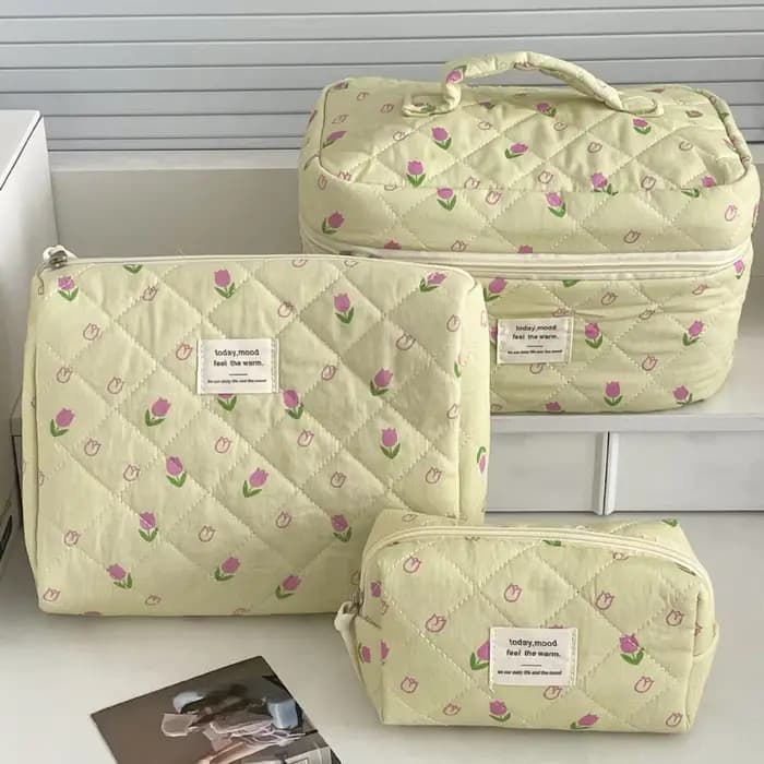 Trousse de toilette rétro polyvalente YT avec motif à carreaux rouge et bleu et nœud rose