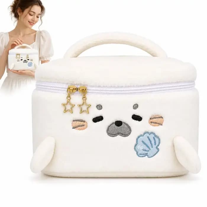 Trousse de Maquillage Grande Capacité Portable Motif Brodé en Forme de Phoque Mignon – Sac Cosmétique Multifonctionnel de Voyage
