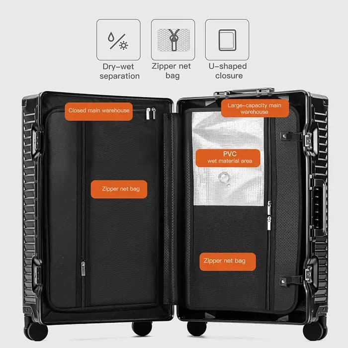 SUSHIMU bagage en alliage d'aluminium-magnésium de 20 pouces avec ouverture avant, valise trolley, v