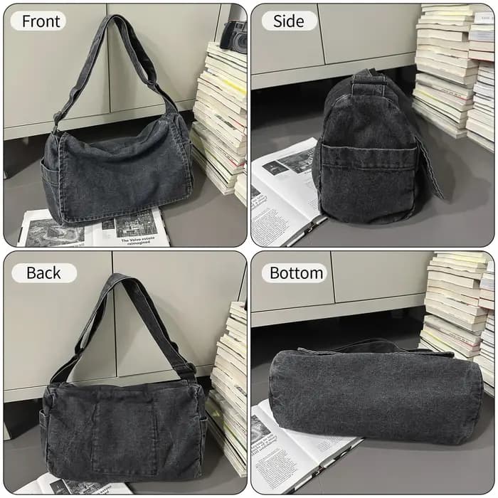Sac bandoulière en jean délavé vintage grande capacité avec rabat