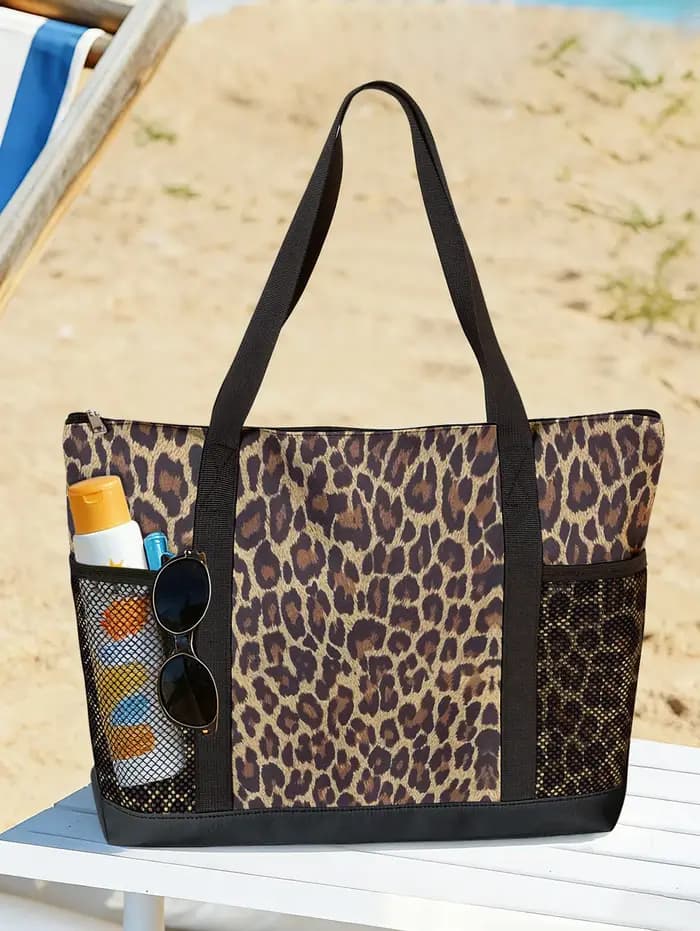 Sac de plage classique à imprimé léopard avec poche latérale en maille
