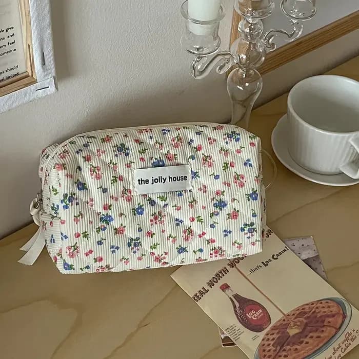 Sac de maquillage Vintage à fleurs pour femmes, fourre-tout en coton, sac à main de rangement de cos
