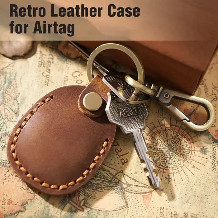 Pour Apple AirTag Portable fait à la main PU étui en cuir avec porte-clés couverture complète