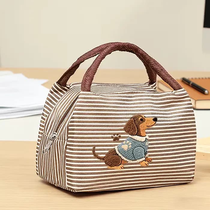 Sac fourre-tout à rayures multicolores de grande capacité avec imprimé de chiot de dessin animé mignon