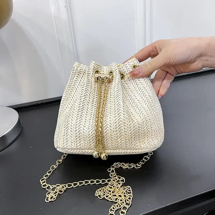 JOinitied-Sac messager beige en paille tressée pour femme