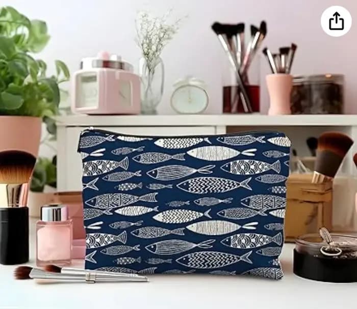 Trousse de maquillage et de toilette de voyage en toile bleu marine à motif poisson et plage