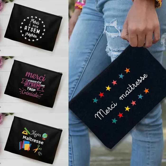 trousse de toilette voyage pochette maquillage cadeau maitresse Sac de rangement imprimé français pour enseignant, pochette de poignet noire, sac de voyage de lavage, cadeaux pour enseignant, Merci Ma