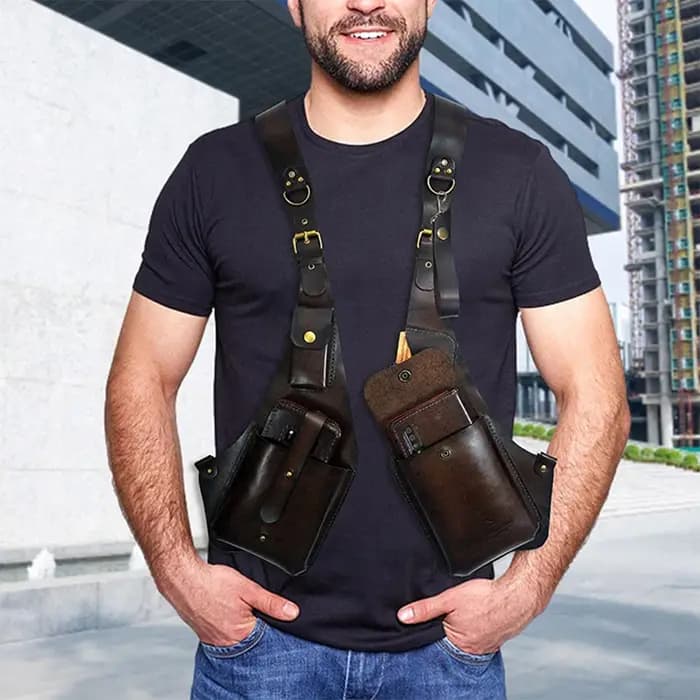Sac bandoulière double antivol en cuir réglable pour homme