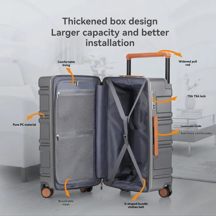 Valise à roulettes grande capacité en PC pur avec poignée large