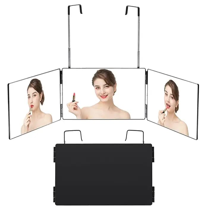 S Travel Portable 360 ° Miroir de maquillage pliable à trois volets avec crochet télescopique réglable en hauteur