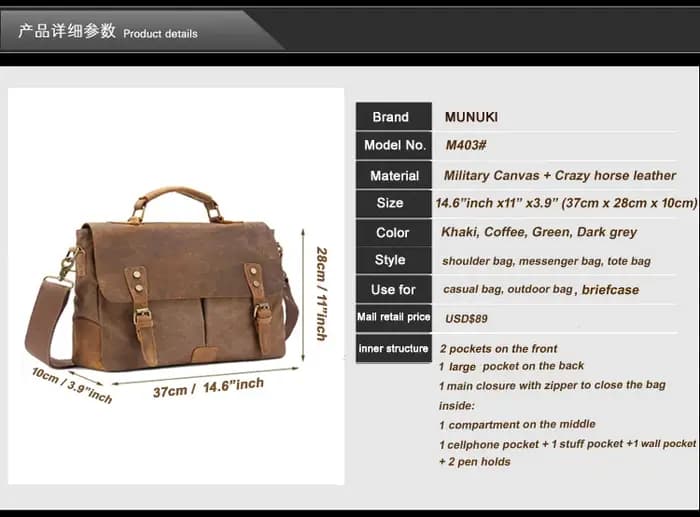 Porte-documents Vintage en Cuir et Toile pour Homme, Sac d'Affaires, Portefeuille de Bureau, Fourre-tout de Couleur