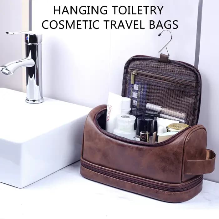 Trousse de toilette, Kit d'organisation de voyage en cuir pour hommes avec crochet de suspension