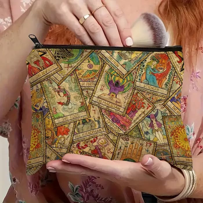 Trousse de maquillage design carte tarot avec fermeture inférieure en T – Symboles astrologiques vibrantes et art
