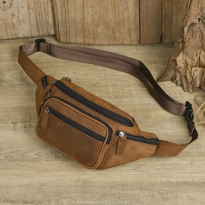 Crazy Horse Skin Sac de taille en cuir avec couche Baotou pour homme Sac à bandoulière multifonctionnel pour sport et