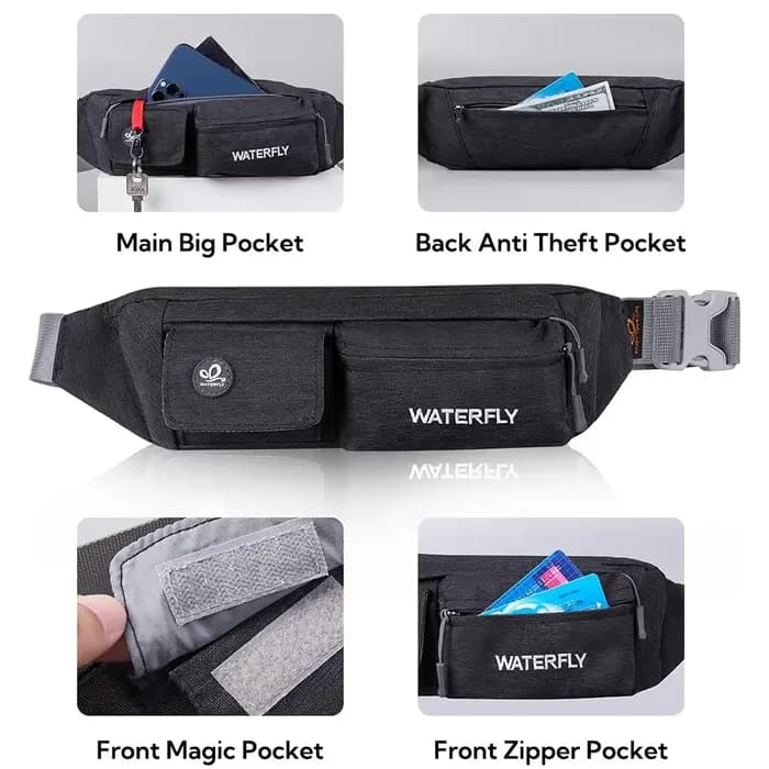 WATERFLY Fanny Pack pour femmes hommes petite pochette de taille sac de ceinture mince avec 4 poches pour la marche sac de poitrine à bandoulière léger