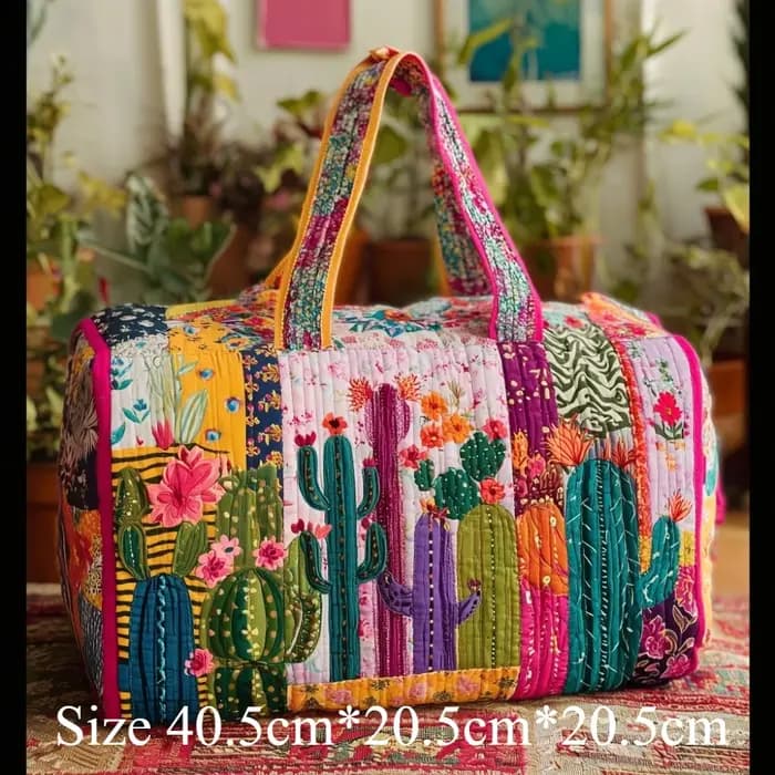 Sac de voyage matelassé imprimé 3D motif cactus floral, léger en polyester, spacieux, idéal pour les