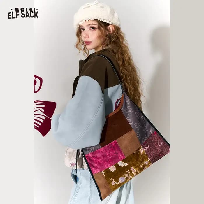 ELFSACK nouveau sac fourre-tout de grande capacité en cuir PU Patchwork Oriental pour les femmes