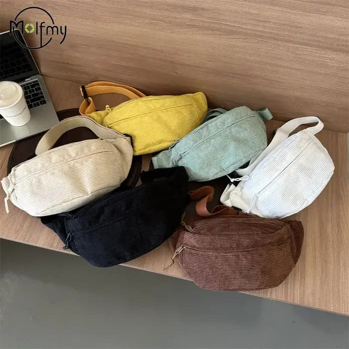 Femmes taille sac velours côtelé étudiant épaule sac à main bandoulière poitrine