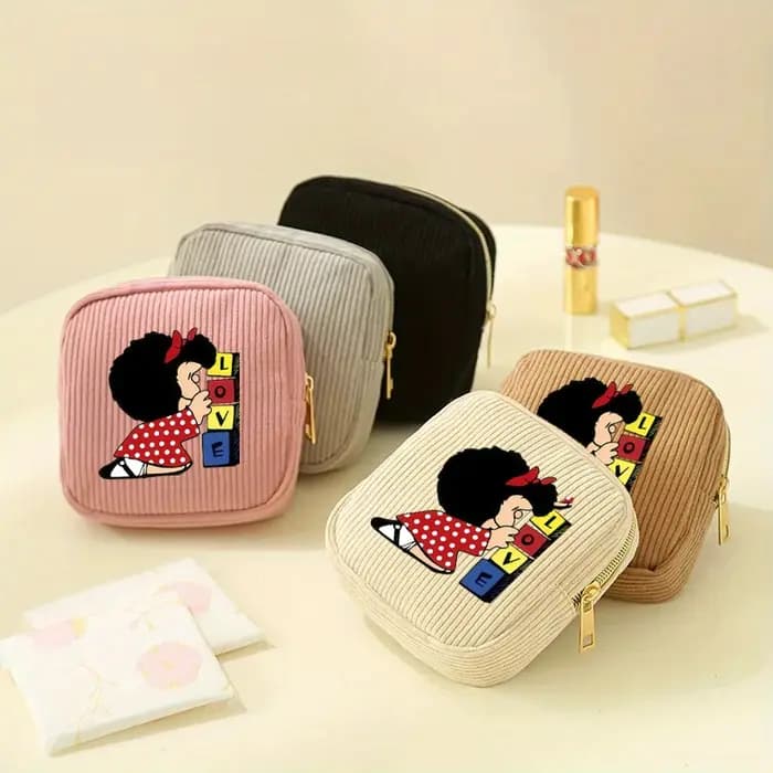 【Trousse à cosmétiques en velours côtelé】 1 pièce Cube sac de maquillage-MAFALDA motif de dessin animé petit sac de