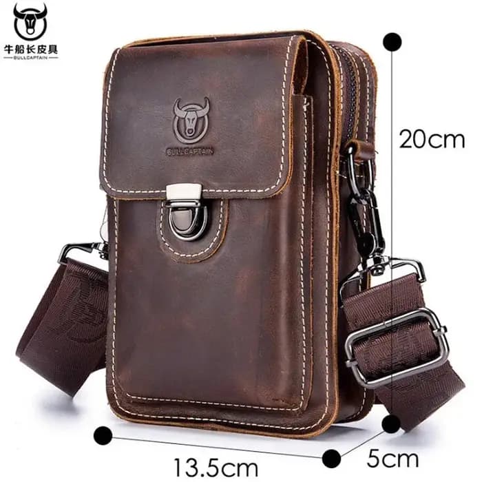 BULLCAPTAIN Crazy horse cuir mâle taille Packs téléphone pochette sacs