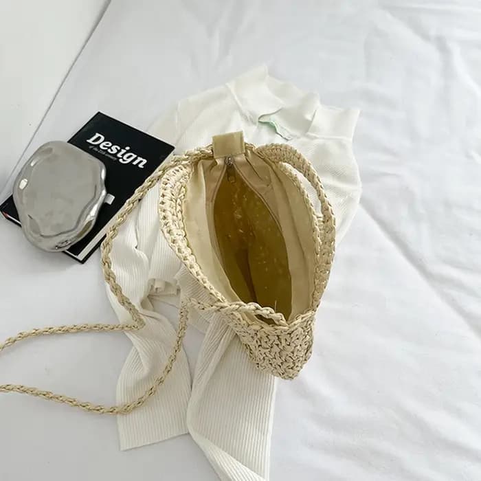 Sac à bandoulière rond en paille tissé à la main pour femmes