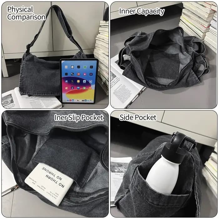 Sac bandoulière en jean délavé vintage grande capacité avec rabat