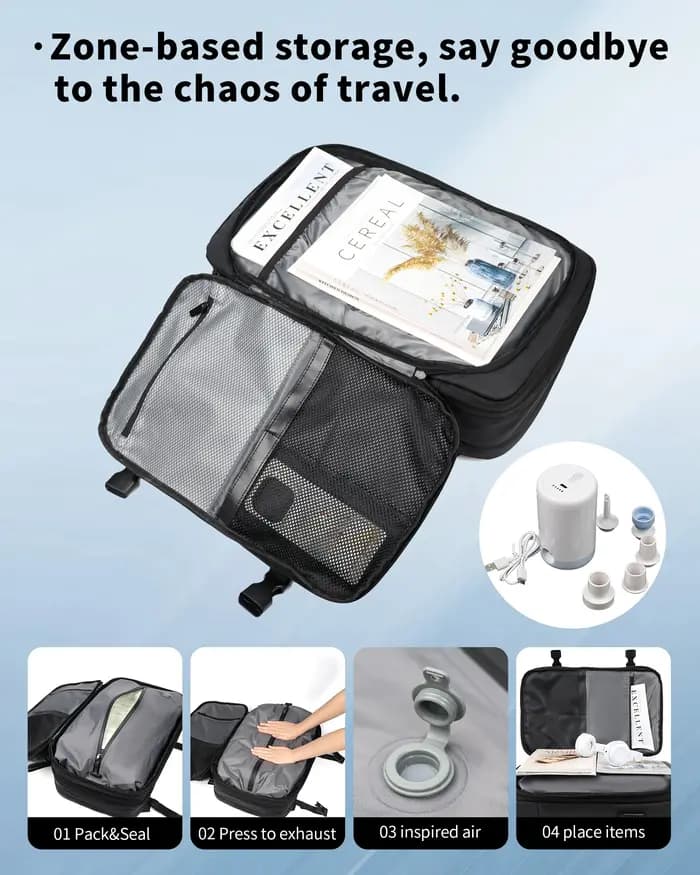 Sac à dos de voyage 60L extensible avec système de compression d'air et serrure TSA