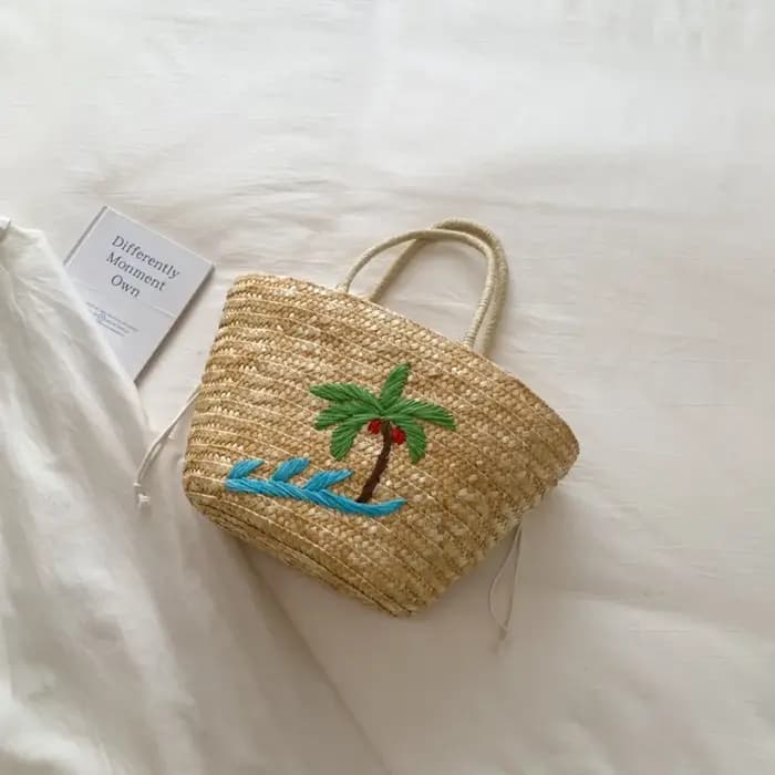 Sac de plage d'été grande capacité en paille brodée motif cocotier et herbe de canard, sac fourre-to